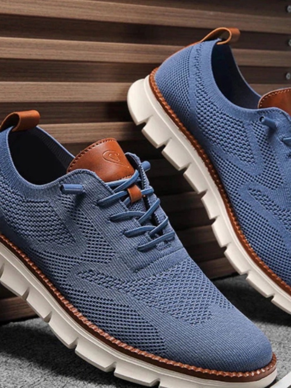 Men's Knit Derby Shoes in Lapis Blue with Brown Trim NWOT